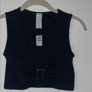 Black shimmery sparkly cropped top with front design and gold buckle